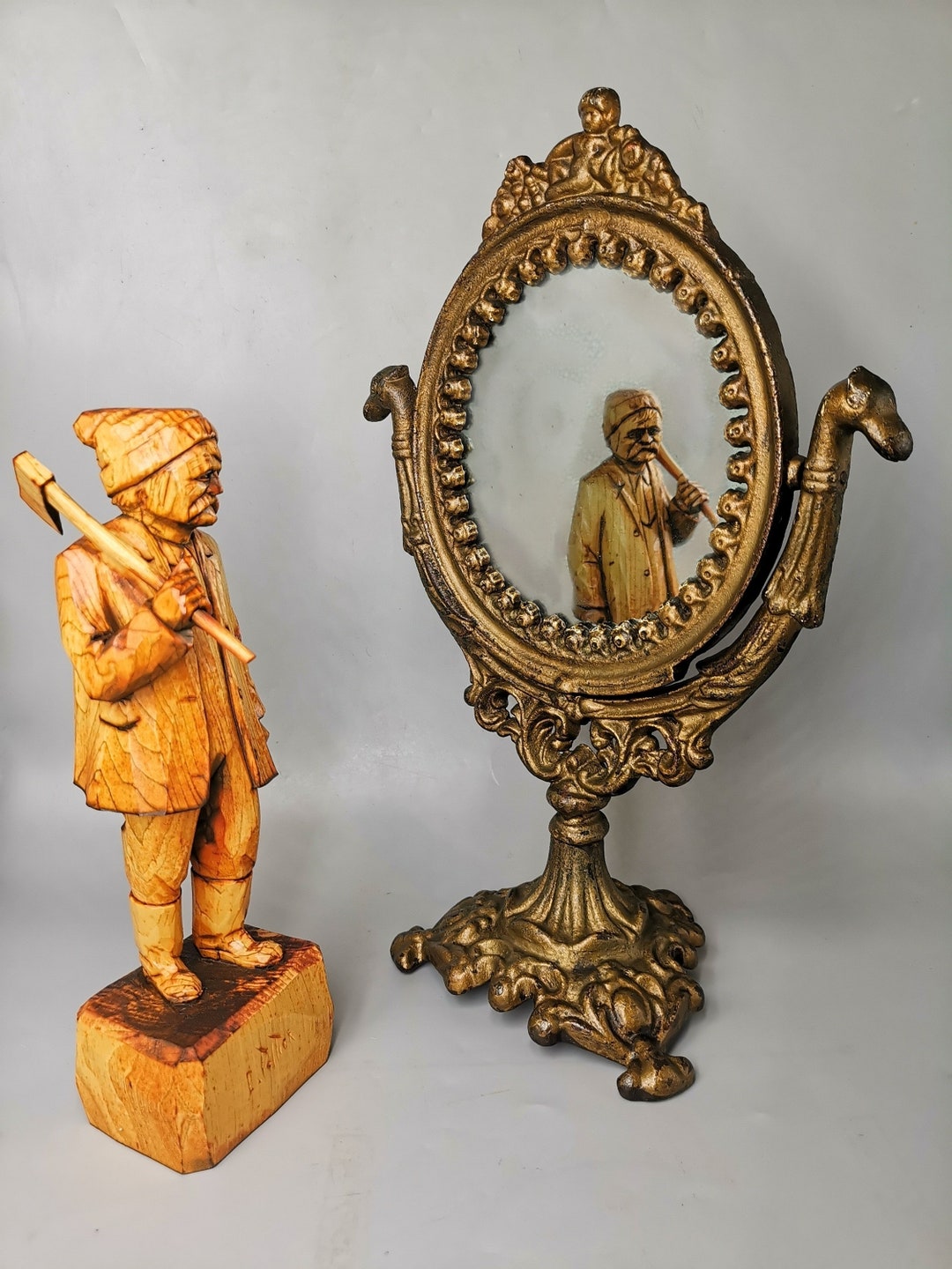 Vintage Cast Iron Vanity Mirror/ornate Gold Tone Oval Swivel Mirror