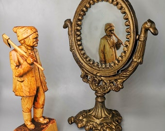 Espejo de tocador antiguo de hierro fundido / Espejo de mesa ovalado ornamentado / Acabado dorado rústico / 14,5" de alto / Estilo victoriano, muy buen estado