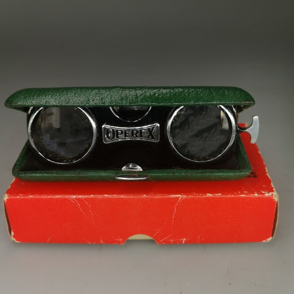 Vintage Green Japan Operax Folding Opera Glasses/Theater Binoculars, with Original Red Case, made in Japan, 2.5*25mm, in good condition