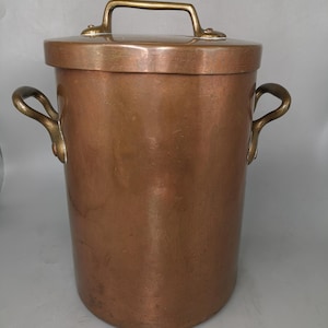 Antique French Tin-Lined Copper Pot with Lid,c.1900, 12.5 lb, D8&quot;/H11&quot;, Brass Handles, Farmhouse Kitchen Decor