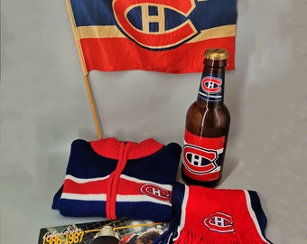 5 Vintage NHL Montreal Canadiens Items, Sweater+Scarf+Flag+Coin Bottle Bank+1986-1987 Calendar, excellent condition