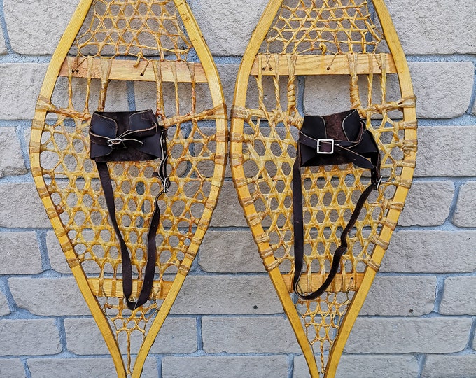 Vintage Classic Canadian Wooden Snowshoes, 40.514, Made by Mohawks
