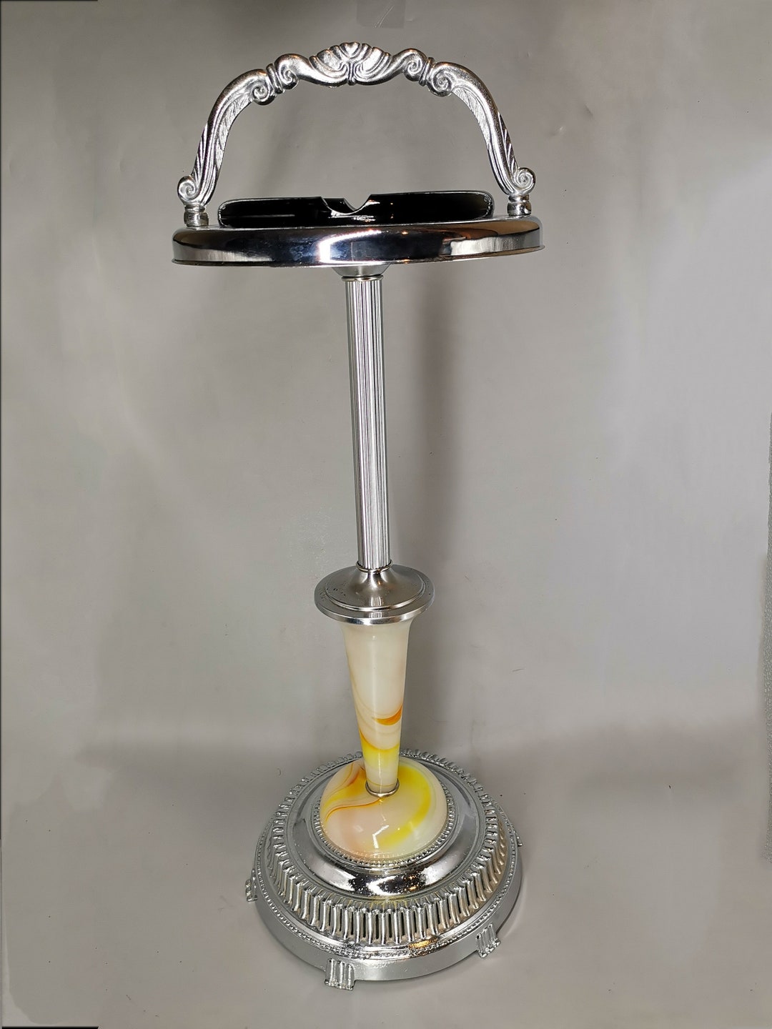 Vintage Art Deco Standing Ashtray, H28.5/D11, Chrome Finish, Dark Glass Liner, Very Good