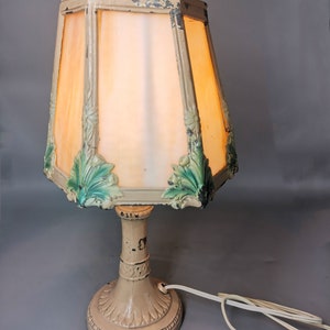 Antique 6 Panel Slag Glass Metal Table Lamp, works well, H14&quot;/Shade7&quot;/Base4.25&quot;