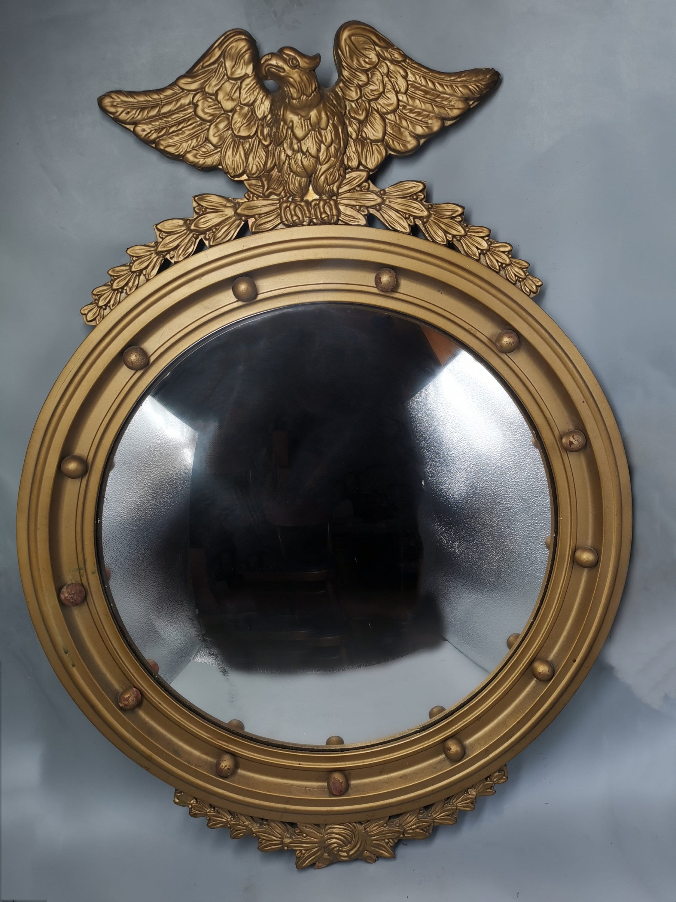 古い鏡　ビンテージ　アンティーク　米軍 Antique Wooden American Eagle Convex Mirror, 13 Colonies