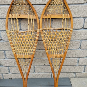 Vintage Canadian Wooden Snowshoes, 41"*13", Made by Mohawks, Quebec, with damages on the frame&webbing
