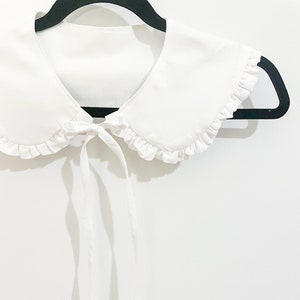 Beautiful White Oversized Peter Pan Collar, Detachable White Collar with Bowtie, Gathered Flounce Trim Cotton Collar image 2