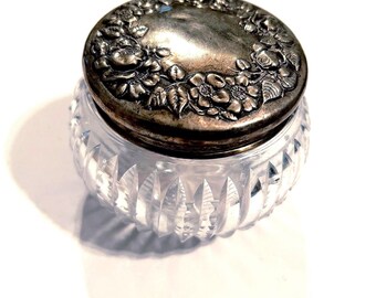 Pretty and Vintage Powder Jar with Cut Crystal Base and Sterling Silver Lid