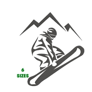 May include: Black and white silhouette of a snowboarder in mid-air, with a mountain range in the background. The snowboarder is wearing a helmet and is holding a snowboard.