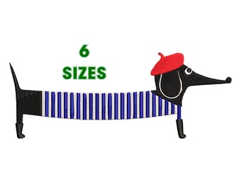 Dachshund Sausage, Dog in Beret, Machine Embroidery Design 6 Sizes - INSTANT DOWNLOAD
