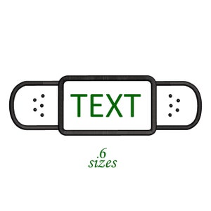 May include: A white bandage with the word "TEXT" in green, framed by a black border. The bandage has rounded ends with small black dots. The text ".6 sizes" is below the bandage.