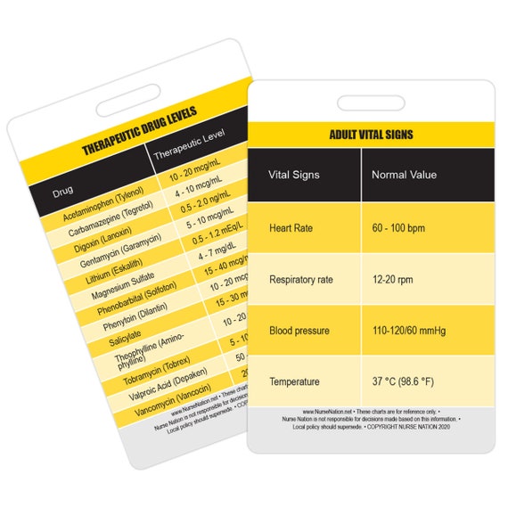 Normal Adult Vital Signs and Common Therapeutic Drug Levels Vertical Badge  Card 
