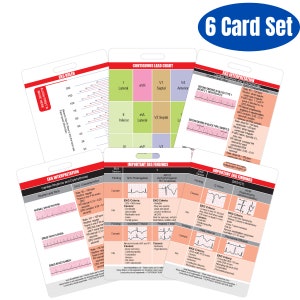 Puede incluir: Un conjunto de seis tarjetas laminadas con tablas y diagramas de interpretación de ECG. Las tarjetas son rojas, verdes y blancas con texto negro y formas de onda ECG. Las tarjetas están tituladas "EKG Ruler", "Continuous Lead Chart", "EKG Interpretation", y "Important EKG Findings".