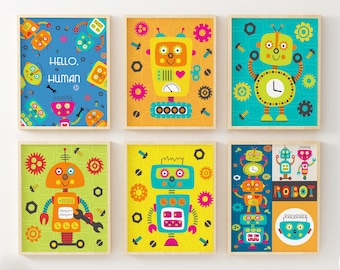 Robot Art Prints - Boys Room Decor - Set of 6 - Robot Wall Art For Kids - Unframed