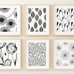Mid Century Modern Wall Art Prints - Abstract Botanical Leaves - (Set of 6) - Black and White Wall Art - Unframed