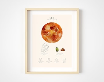 Leo Zodiac Art Print - Astrology Wall Art Picture - Astrological Star Sign Poster - Horoscope Artwork - Unframed