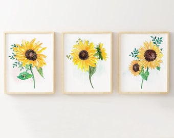 Sunflower Wall Art - Botanical Prints - Set of 3 - Watercolor Wall Art Decor