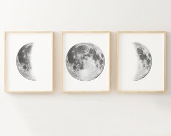 Moon Phases Wall Art - Set of 3 Prints | Lunar Phases Wall Art | Moon Wall Decor | Black and White Art | Moon Art Pictures