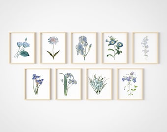 Blue Flower Wall Art - Collage Set of 9 - Vintage Floral Wall Decor - Botanical Prints - Unframed