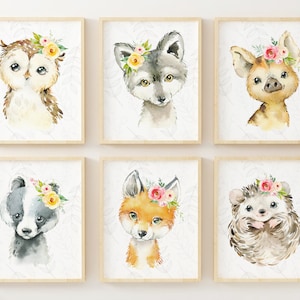 Woodland Animals with Flowers Art Prints - Set of 6 - Nursery Wall Decor - Baby Girl Room Decor - Acuarela - Unframed
