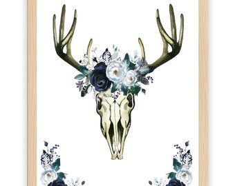 Boho Deer Skull Wall Art, Floral Skull Decor, Western Bohemian Art Print, Rustic Antler Skull Artwork, Botanical Skull Illustration, 11x14