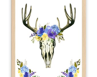 Boho Deer Skull Wall Art, Soft Blue Floral Antler Skull Decor, Western Bohemian Art Print, Rustic Botanical Skull Illustration, 11x14 Poster