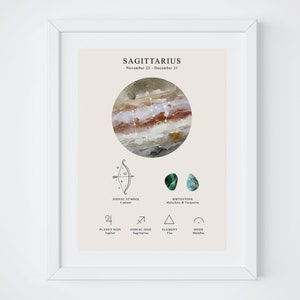 May include: A printable poster with a watercolor background featuring the Sagittarius zodiac sign. The poster includes the zodiac symbol, birthstone, planet sign, element, and mood.
