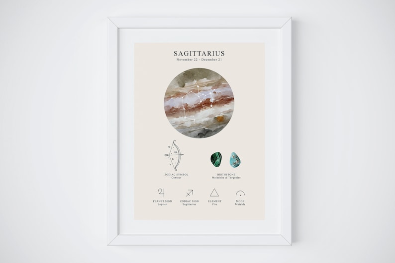 May include: A printable poster with a watercolor background featuring the Sagittarius zodiac sign. The poster includes the zodiac symbol, birthstone, planet sign, element, and mood.