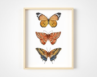 Orange Butterfly Wall Art, Watercolor Butterfly Print, Botanical Insect Decor, Cottagecore Art, 11x14 Butterfly Poster, Linen Paper Wall Art