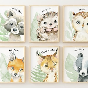Nursery Wall Art - Woodland Animals Prints - Nursery Decor - Set of 6 - Watercolor Woodland Animal Pictures - Unframed