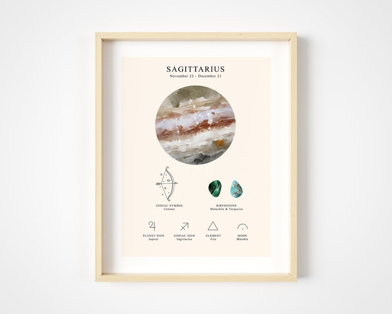 May include: A printable poster with a watercolor illustration of the Sagittarius constellation. The poster includes the zodiac symbol, planet sign, element, and birthstone. The text "SAGITTARIUS" and "November 22 - December 21" is at the top of the poster.
