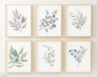 Watercolor Eucalyptus Leaves - Botanical Prints Wall Art - Farmhouse Wall Decor - (Set of 6) - Unframed