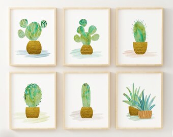 Cactus Wall Art - Watercolor Botanical Prints - Set of 6 - Succulent Boho Decor