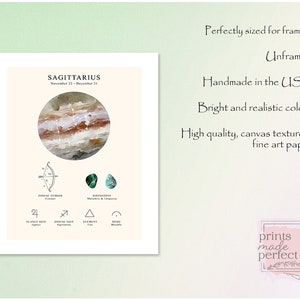 May include: A printable art print featuring the Sagittarius zodiac sign. The print is illustrated with a watercolor-style constellation on a brown and white background. The print also includes the zodiac symbol, planet, element, and mode. The text "SAGITTARIUS" and "November 22 - December 21" is included in the print.