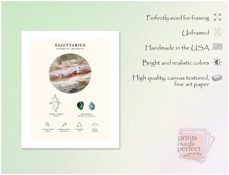May include: A printable art print featuring the Sagittarius zodiac sign. The print is illustrated with a watercolor-style constellation on a brown and white background. The print also includes the zodiac symbol, planet, element, and mode. The text "SAGITTARIUS" and "November 22 - December 21" is included in the print.