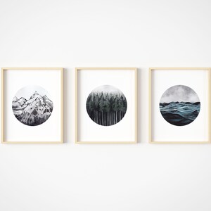 Arte mural paisajístico - Impresiones oceánicas del bosque de montaña - Set of 3 - Nature Decor - Acuarela Art Prints - Unframed