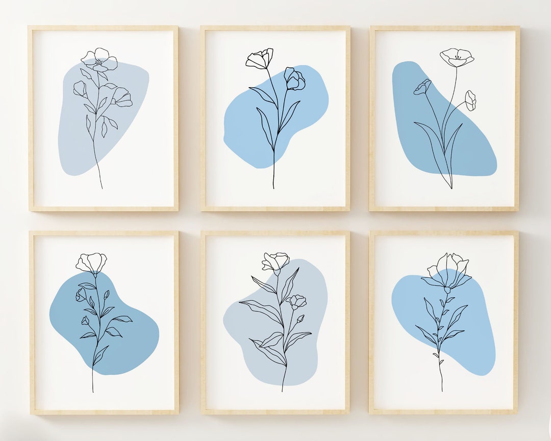 Line Art - Minimalist Decor - Floral Abstract Prints - Blue Wall Art ...