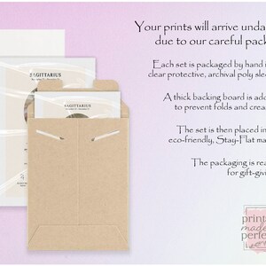 May include: A close-up of a brown paper envelope with a white card inside. The card has the word "Sagittarius" printed on it. The envelope is labeled "prints made perfect".