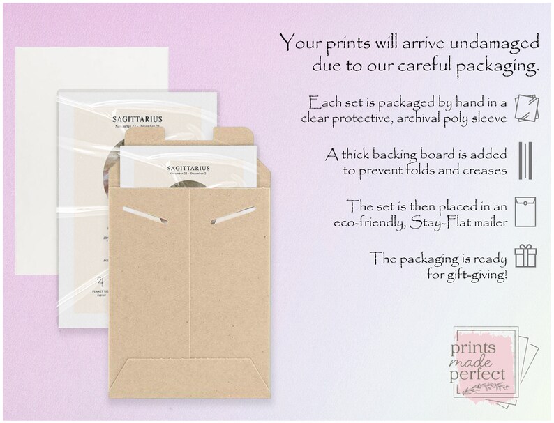 May include: A close-up of a brown paper envelope with a white card inside. The card has the word "Sagittarius" printed on it. The envelope is labeled "prints made perfect".