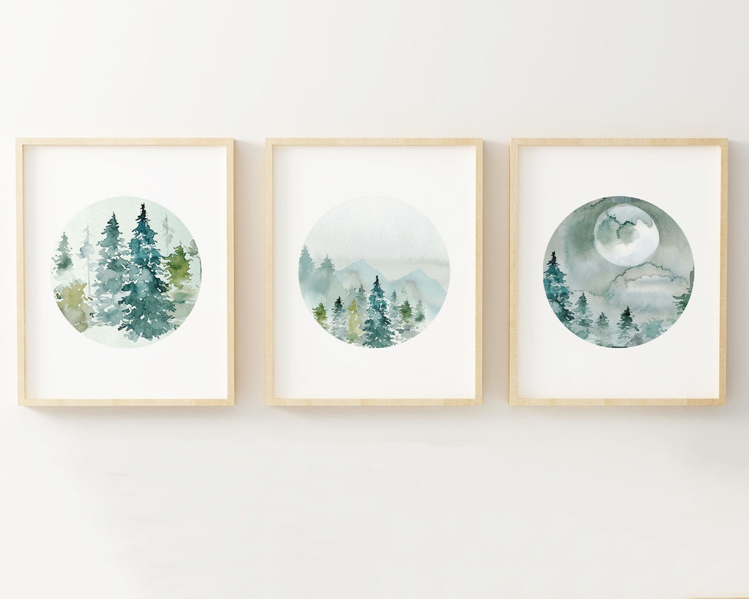 Forest Mountains Landscape Watercolor Prints - 3 Piece Set - Landscape ...