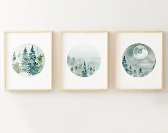 Forest Mountains Landscape Watercolor Prints - 3 Piece Set - Landscape Art - Brush Stroke Art  - Nature Decor - Outdoor Landscape Pictures