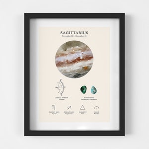 May include: A printable poster with a beige background featuring the Sagittarius zodiac sign. The poster includes the zodiac symbol, birthstones, planet sign, zodiac sign, element, and moon modality.