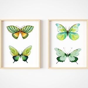 Arte de la pared de mariposas - Decoración de la habitación de las mariposas verdes - Impresiones de arte de acuarela - 2-8x10s - Ilustración de la imagen del póster sin marco - Arte de la pared verde