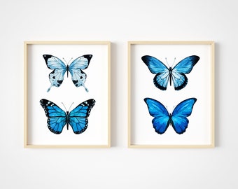 Butterfly Wall Art - Blue Butterflies Room Decor - Watercolor Art Prints - 2-8x10 – Unframed Poster Picture Artwork - Blue Wall Art