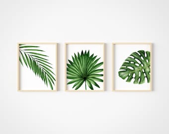 Tropical Leaves Art Prints - Botanical Prints Wall Art Decor - Watercolor Monstera Date Palm Leaf - Set of 3 -  Green Wall Art - Unframed