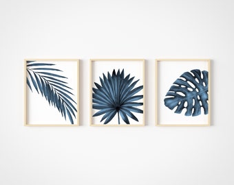 Tropical Leaves Art Prints - Botanical Prints Wall Art Decor - Watercolor Monstera Date Palm Leaf - Set of 3 -  Blue Wall Art - Unframed