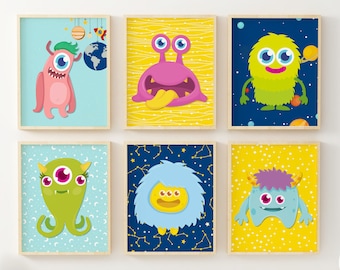 Children's Outer Space Wall Decor - Set of 6 - Kids Room Nursery Art Prints - Silly Aliens and Monsters Pictures - Unframed