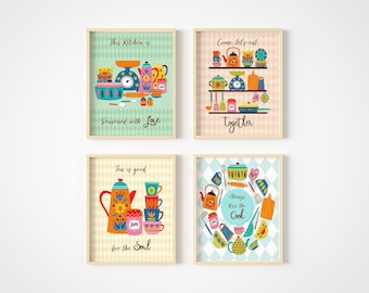 Kitchen Wall Art - Colorful Retro Wall Decor - Whimsical Vintage Style Artwork - 8x10 - Set of 4 - Unframed