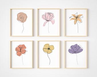 Line Art - Minimalist Decor - Floral Abstract Prints - Set of 6 - Colorful Wall Art - Modern Trendy Botanical Prints - Unframed