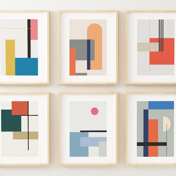 Mid Century Contemporary Wall Art - Set of 6 - Modern Abstract Prints - Minimalism Decor - Unframed